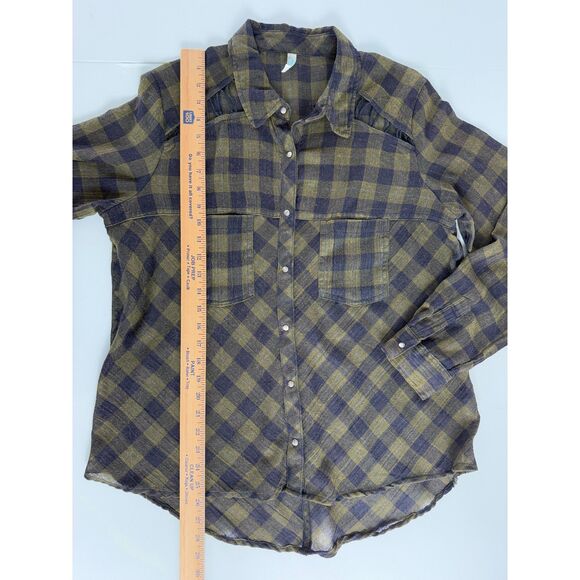 Free People Women's Snap Button Up Shirt Long Sleeve Green Blue Plaid Size M - Picture 9 of 11